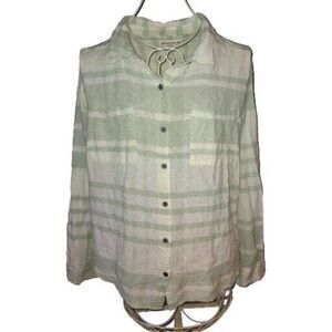 Sz XL Ruff Hewn Women’s Plaid Top Button Up Pockets Long Sleeve Linen
